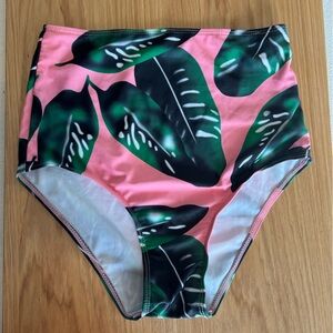Pink and Green Large Leaf Print High Waist Bikini Bottom Shein S Small